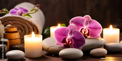 Spa composition with candles pebbles and flowers on the table close up Stack of spa stones towel flower and candle isolated on brown background.