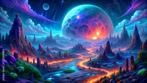 Alien planet with lava rivers in outer space © vectorize