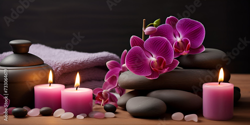 A soothing spa still life with pink orchid flowers composition featuring a pile of black stones lit candles and beautiful orchids is shot outdoors in a garden setting near towel black background.