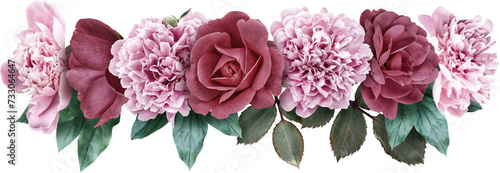 Pink peony and roses isolated on a transparent background. Png file.  Line floral arrangement, bouquet of garden flowers. Can be used for invitations, greeting, wedding card.