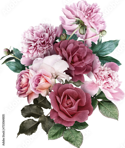 Pink peony and roses isolated on a transparent background. Png file.  Floral arrangement, bouquet of garden flowers. Can be used for invitations, greeting, wedding card.