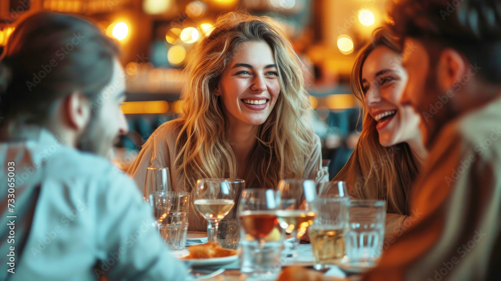 Group of smiling friends having dinner together sitting at a table full of wine glasses with bokeh lights in the background. Group of friends talking and celebrating together. Ai generated