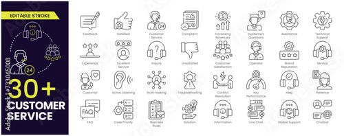 Customer service Stroke icon set. Containing customer satisfied, assistance, experience, feedback, operator and technical support icons. Editable Outline icon collection.