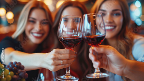 Group of young girls friends raising their wineglass to toast in the celebration  party  anniversary  dinner about unfocused background with lights. Ai generated