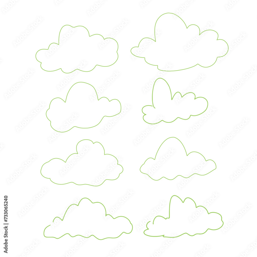clouds vector green line trasnparent white background set 