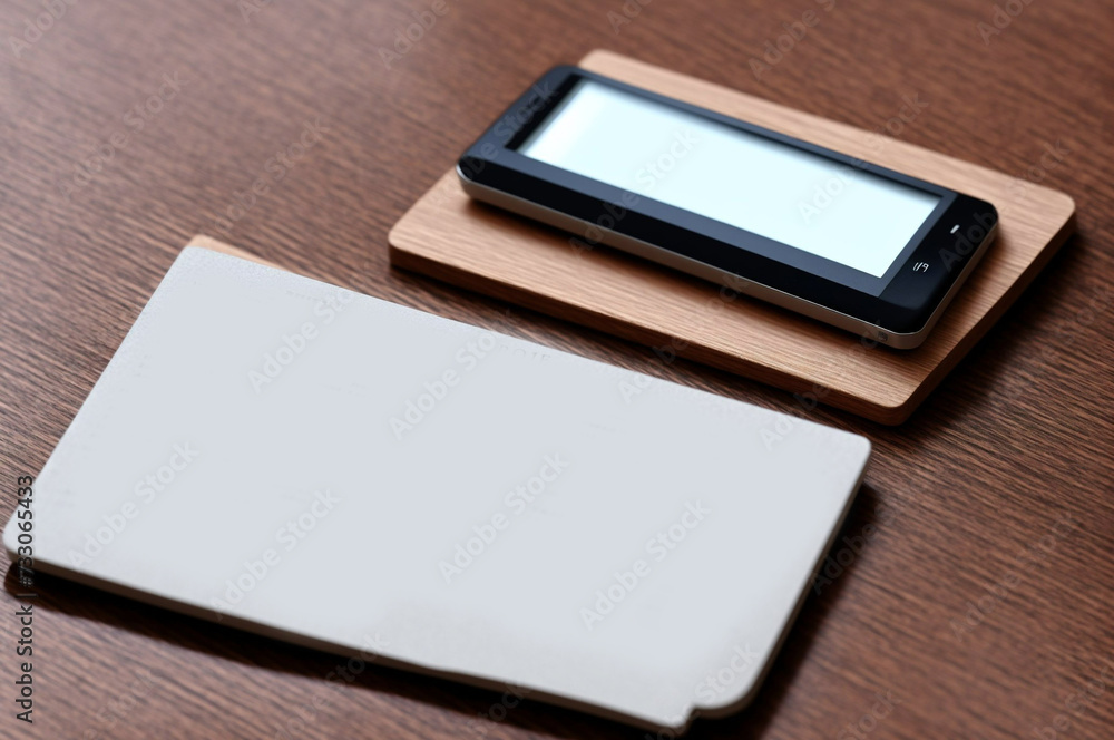 Blank business cards with calculator and pen on the wooden table.