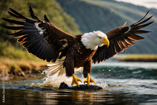 Extreme Close-up Picture of a Bald Eagle with Spread Wings Catching Salmon Fish, created with Generative AI technology © Snap2Art