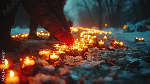 Festival Photography, people lighting candles during Imbolc celebration, Close-Up Shot, Spiritual Reawakening, Soft Candlelight, Warm Tones Amidst Winter's End