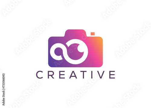 Minimalist infinity camera logo design vector template. Creative modern infinity photoshoot logo