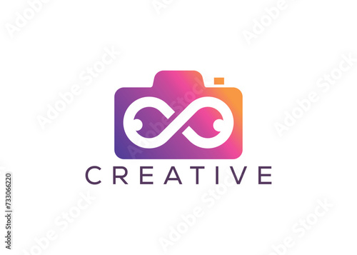 Minimalist infinity camera logo design vector template. Creative modern infinity photoshoot logo
