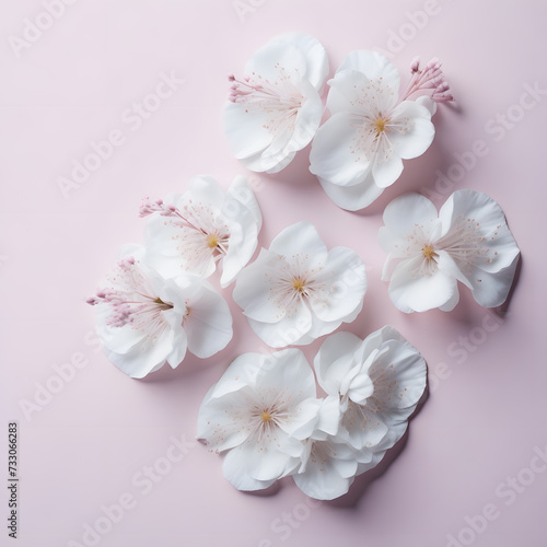 White cherry flowers with pink background.