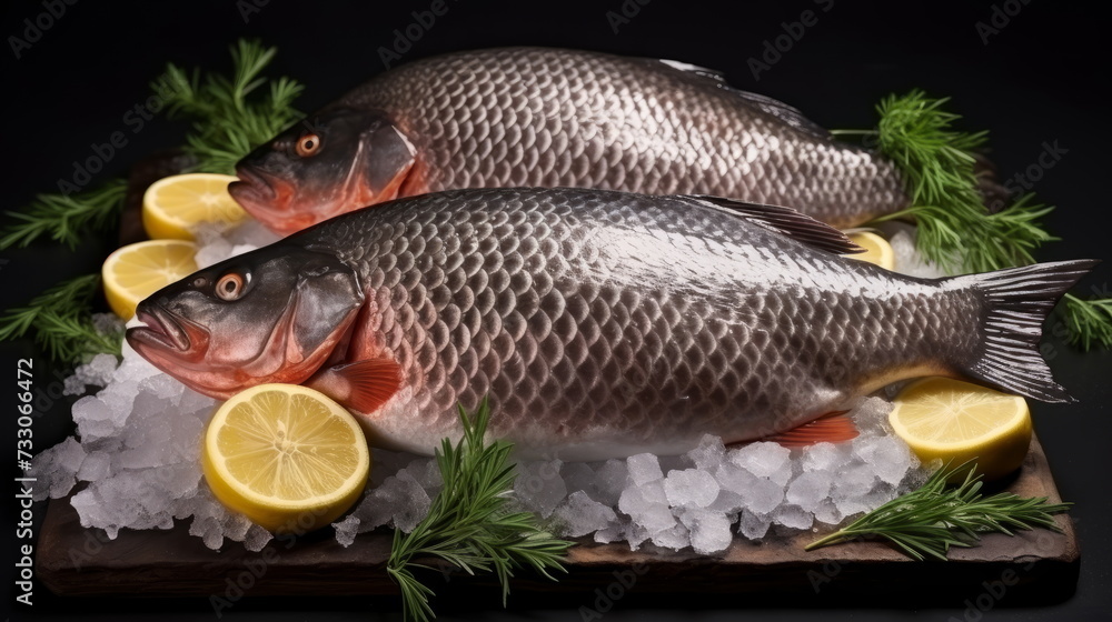 Prepared Mackerel on Ice with Lemon and Rosemary - Two fresh mackerel fish with vertical cuts, ready for cooking, presented on a dark slate with ice, lemon wedges, and rosemary