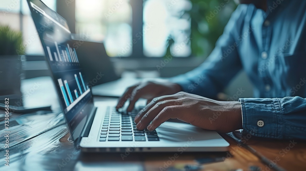A man with a laptop Analyzes Data Professionally and Plans a Marketing Campaign. A man with a laptop Analyzes Data Professionally and Plans a Marketing Campaign.