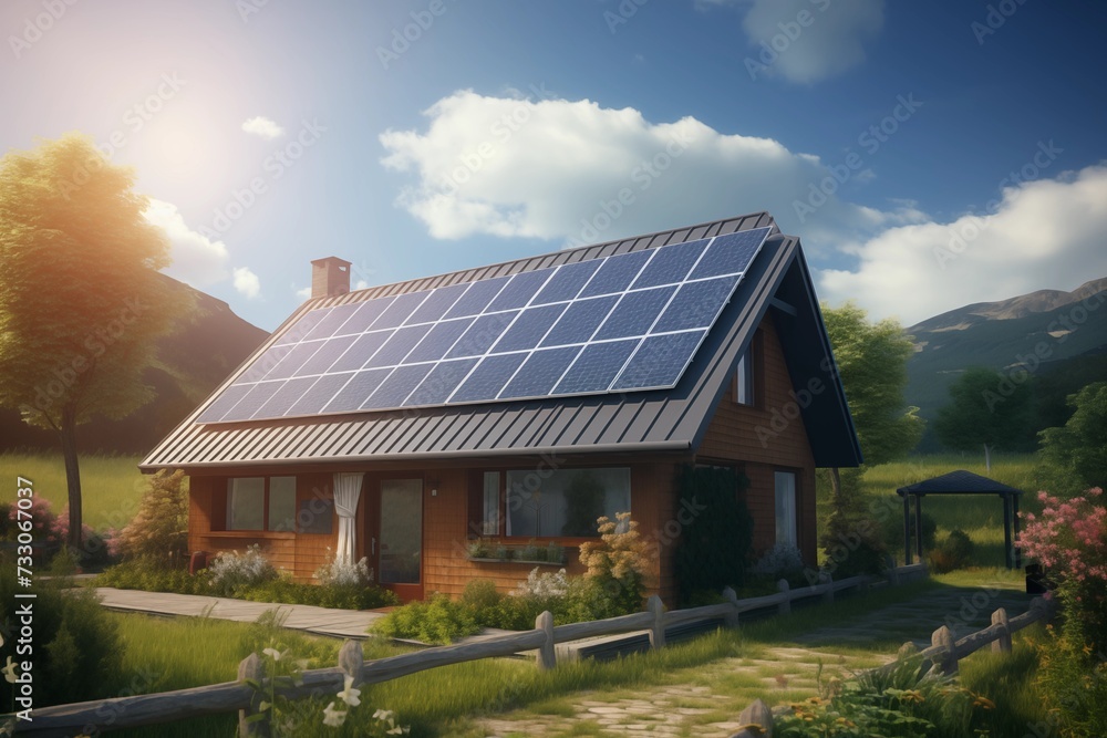 House with solar panels on roof. Alternative energy concept. Ai generated. House with solar panels on roof. Alternative energy concept. Ai generated.