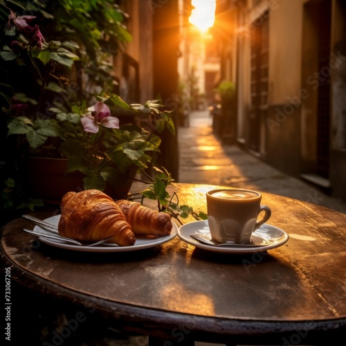 Tavolino in un romantico vicolo italiano con un cornetti glassati e una tazzina di caffè. Luce del tramonto crea un'atmosfera magica e suggestiva photo