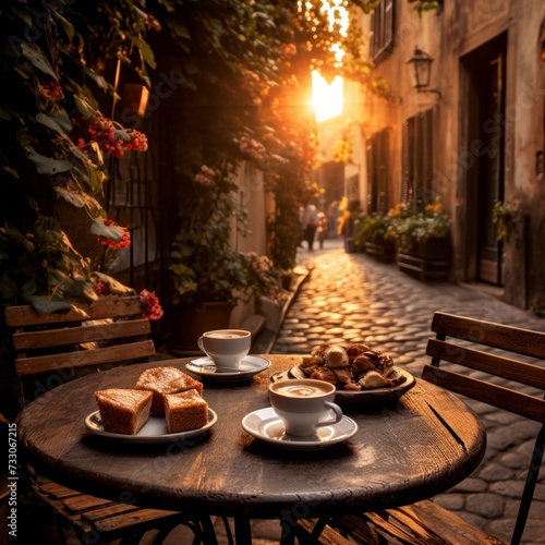 Tavolino in un romantico vicolo italiano con colazione e due tazzine di caffè. Luce del tramonto crea un'atmosfera magica e suggestiva photo