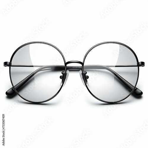 Oval glasses with thin black metal frame, clear lens, isolated on white background, front view