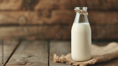 A bottle of milk on a wooden table with a linen cloth on a wooden background. Horizontal photo banner with milk.