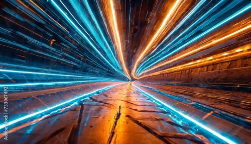 hyperspace journey zooming through a tunnel filled orange and blue neon lights