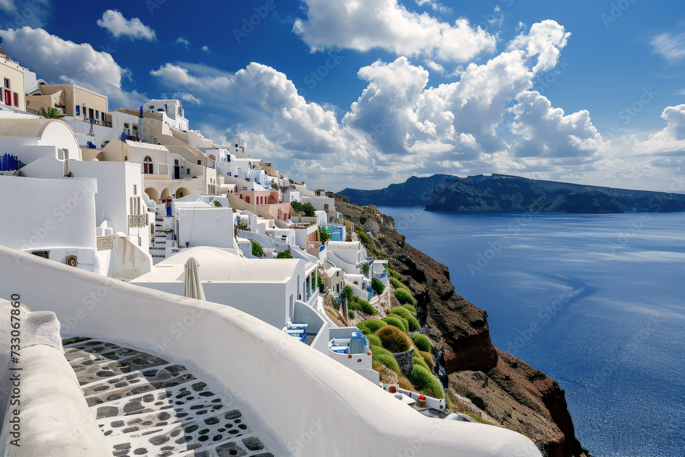 Obraz premium Generative AI illustration of streets and white houses with Santorini
