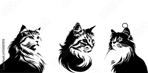 cat silhouette illustration. furry cat illustration, persian cat silhouette.