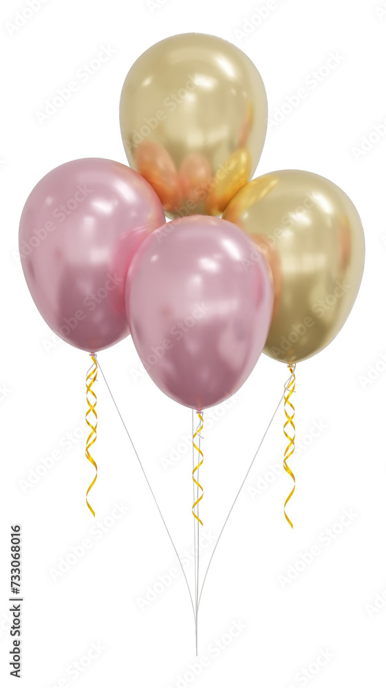 Realistic pink and gold balloons isolated on white background. Helium balloons clipart for anniversary, birthday, wedding, party. 3d png illustration. Realistic pink and gold balloons isolated on white background. Helium balloons clipart for anniversary, birthday, wedding, party. 3d png illustration.