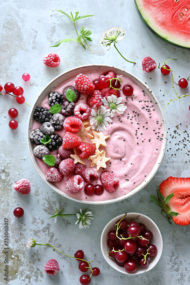 Bird’s eye view of a pink yogurt smoothie bowl garnished with frozen strawberries, raspberries, blackberries, red currants, and a watermelon star Bird’s eye view of a pink yogurt smoothie bowl garnished with frozen strawberries, raspberries, blackberries, red currants, and a watermelon star