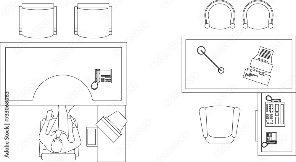 design sketch vector illustration Architectural drawing of office desk arrangement plan for work