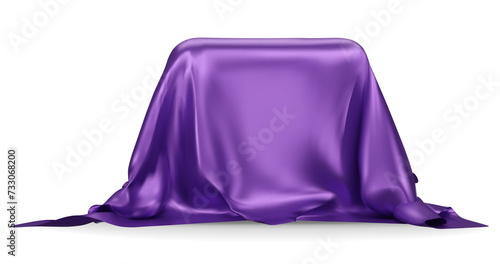 Podium covered with a piece of purple silk isolated on background. Realistic box covered with purple cloth. Podium for product, cosmetic presentation. Creative mock up. 3d png illustration.