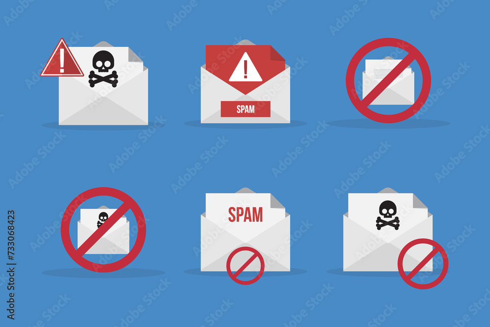 Spamming mailbox icon set. Email hacking and spam warning symbol. Spamming mailbox icon set. Email hacking and spam warning symbol.
