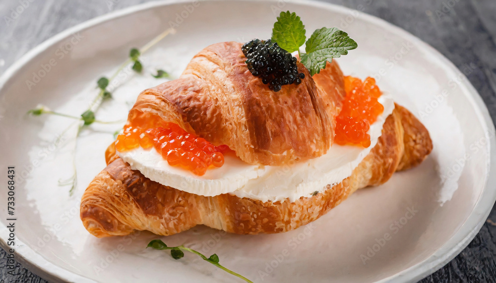 Croissant with cream cheese and red salmon caviar on white plate on grey background, tasty lunch, delicious bakery Croissant with cream cheese and red salmon caviar on white plate on grey background, tasty lunch, delicious bakery
