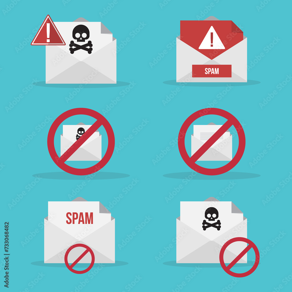 Spamming mailbox icon set. Email hacking and spam warning symbol. Spamming mailbox icon set. Email hacking and spam warning symbol.