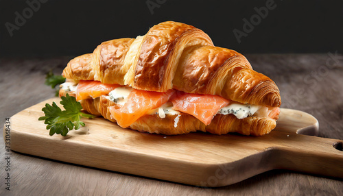 Croissant sandwich with cheese and salmon on wooden board, close up. Healthy breakfast concept. photo