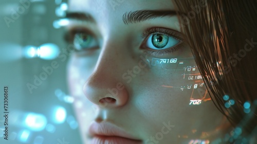 Portrait of a woman with futuristic interface. AI generated.