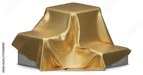 Set of Podium covered with a piece of gold silk isolated on background. Realistic box covered with cloth. Podium for product, cosmetic presentation. 3d png illustration.