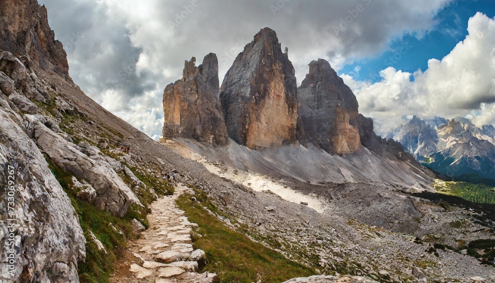 a hiking trail around mount pelmo in the dolomites a steep rocky path at the foot of a mountain alta via 1 hiking trek south tyrol italy