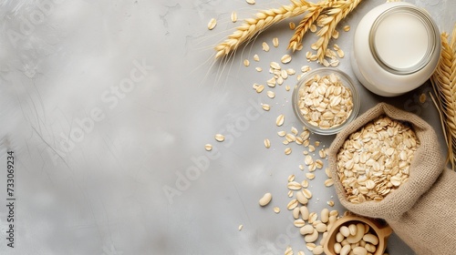 A banner with oatmeal in a bag and ears of corn and milk or yogurt in a glass bottle on a gray white background. Horizontal food photo with an oatmeal drink.