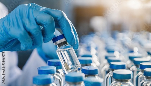 hands of a doctor scientist or medical worker in blue sanitary glover controlling medicinal products vaccine vials at pharmaceutical factory pharma assembly line with liquid meds in glass bottles