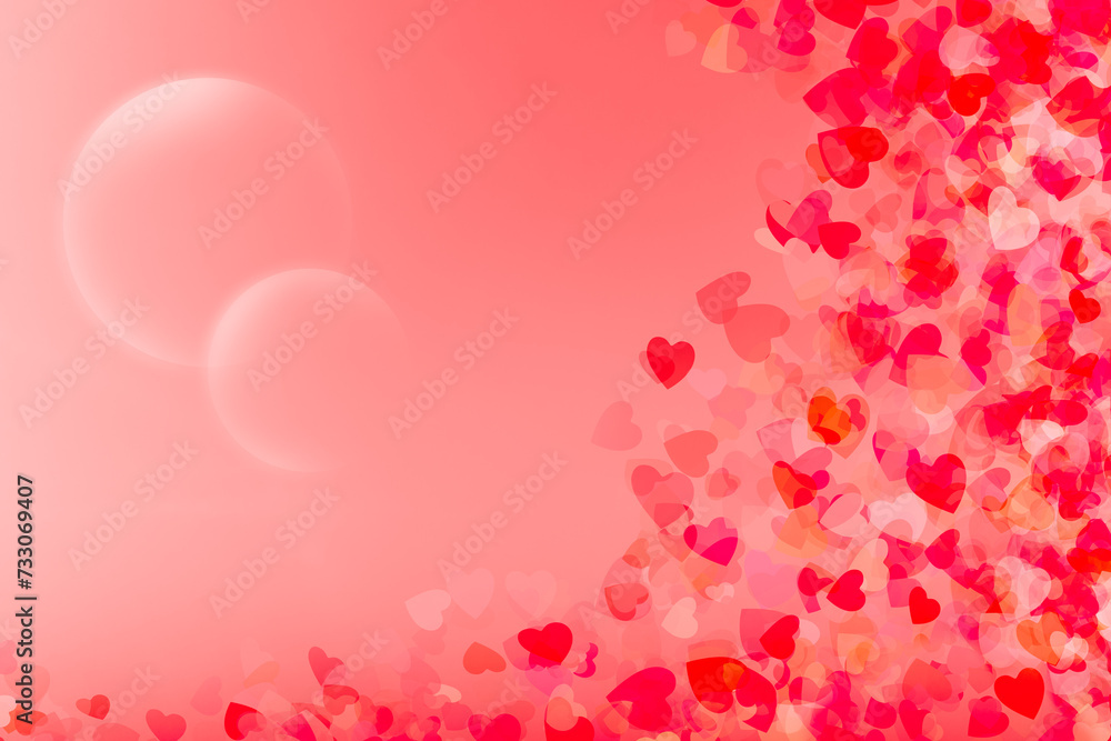Valentine's Day concept Several hearts overlapped in a red-pink tone and space in the frame.