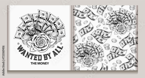 Money pattern, logo with 100 US dollar notes, dollar fan with money rose, stacks of coins, text Wanted by all. Concept of success, wealth, luck, win. Vintage style. Not AI