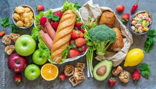 healthy and unhealthy food background from fruits and vegetables vs fast food sweets and pastry top view diet and detox against calorie and overweight lifestyle concept