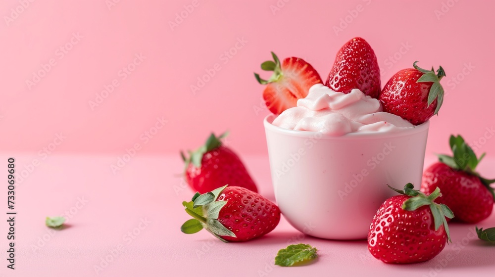 A banner with strawberry pink yogurt or ice cream in a white ceramic bowl and strawberries on a solid pink background. A banner with strawberry pink yogurt or ice cream in a white ceramic bowl and strawberries on a solid pink background.