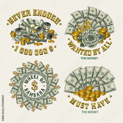 Set of colorful money vintage labels with 100 US dollar notes, golden coins, text. Concept illustrations on white background in vintage style. For prints, clothing, apparel, t shirt design