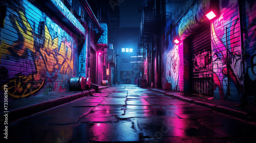 Vibrant graffiti art illuminates a dark alley with psychedelic neon colors. photo