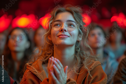 A smiling young woman in the auditorium is watching a performance.