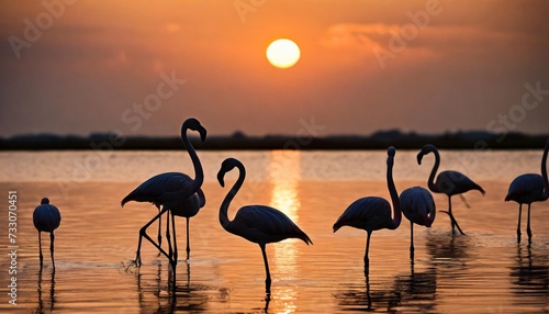 set of silhouettes of flamingo birds