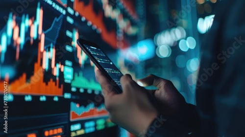 A businessman using a mobile phone to check stock market data.