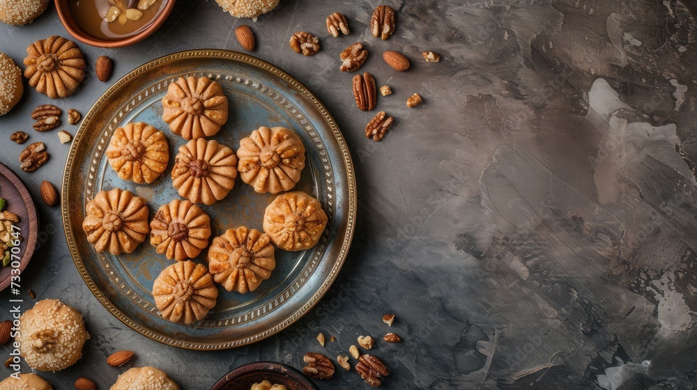 Arabic sweets. Traditional eid semolina maamoul or mamoul cookies with dates , walnuts and pistachio nuts . Top view, copy space