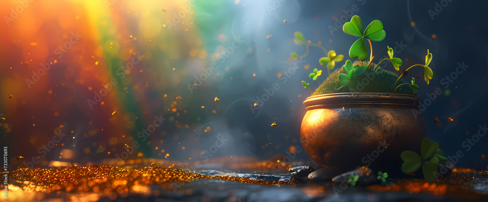 A golden pot with a rainbow and green clovers - obrazy, fototapety, plakaty 