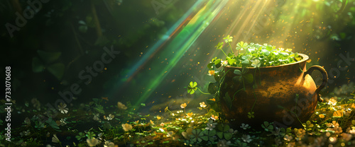 A golden pot with a rainbow and green clovers photo